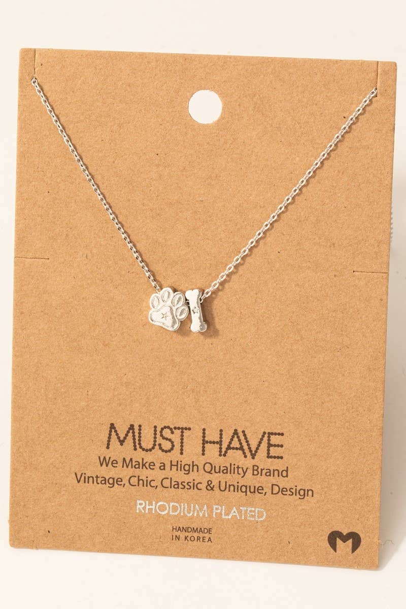 Gold Dipped Dog Paw And Bone Charms Necklace