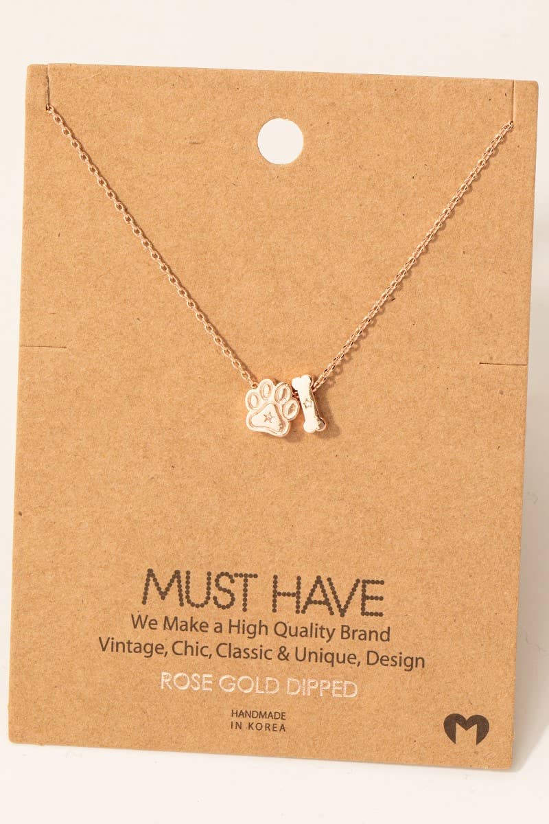 Gold Dipped Dog Paw And Bone Charms Necklace