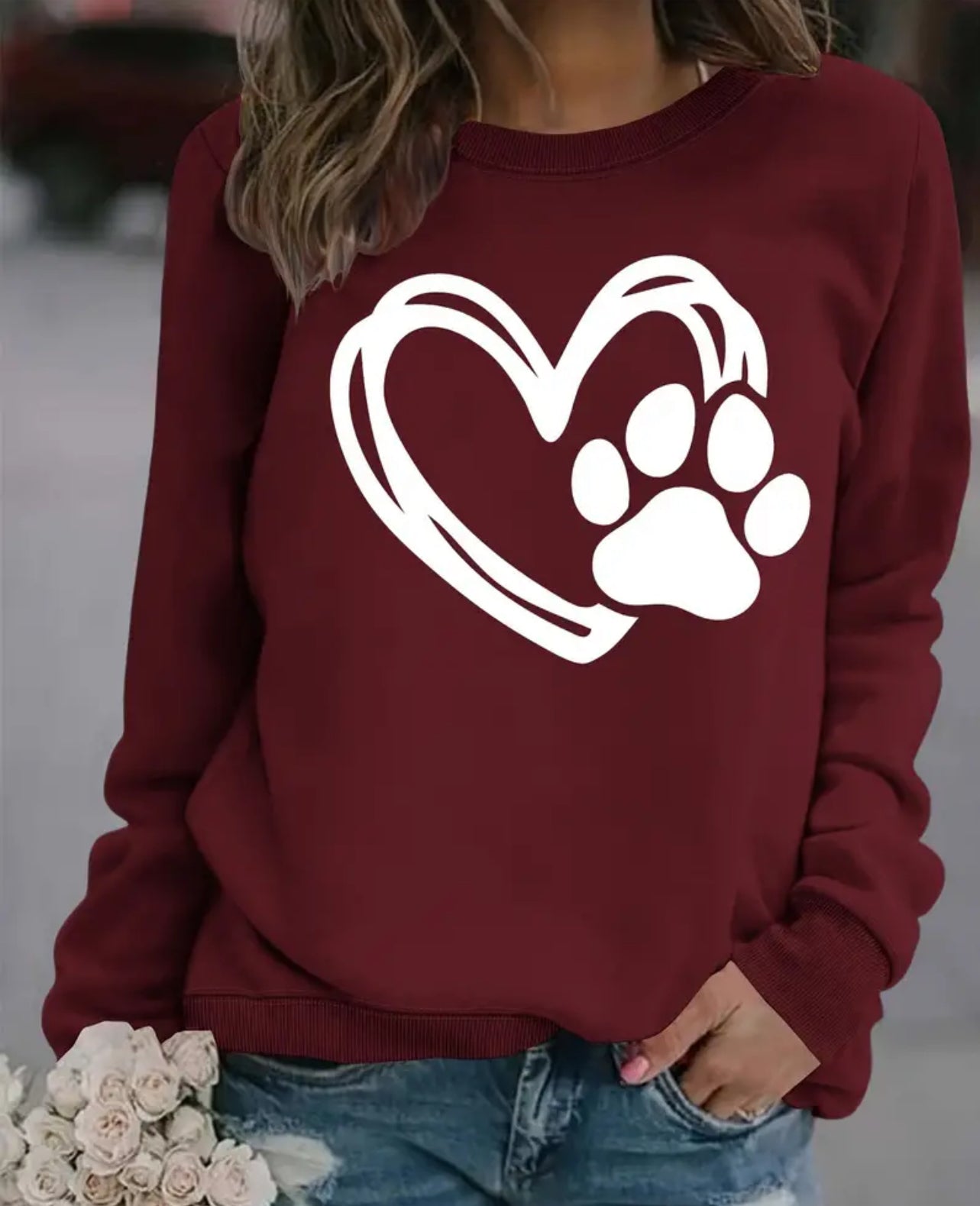 Paw Heart Print Sweatshirt, Casual, Long Sleeve, Women's