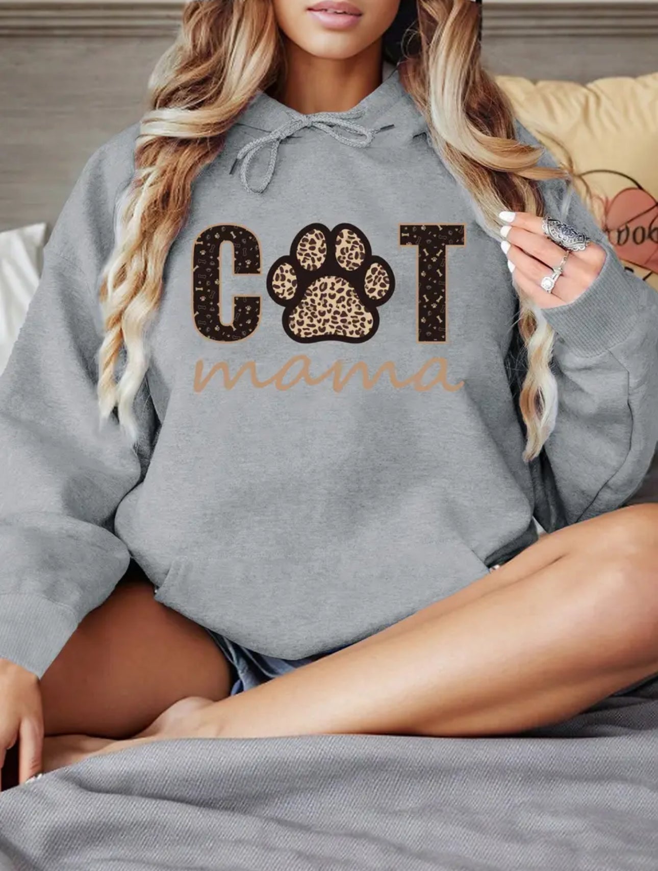 Leopard Cat Paw Mama Graphic Hoodie - Fashion Hoodies with Kangaroo Pocket, Drawstring