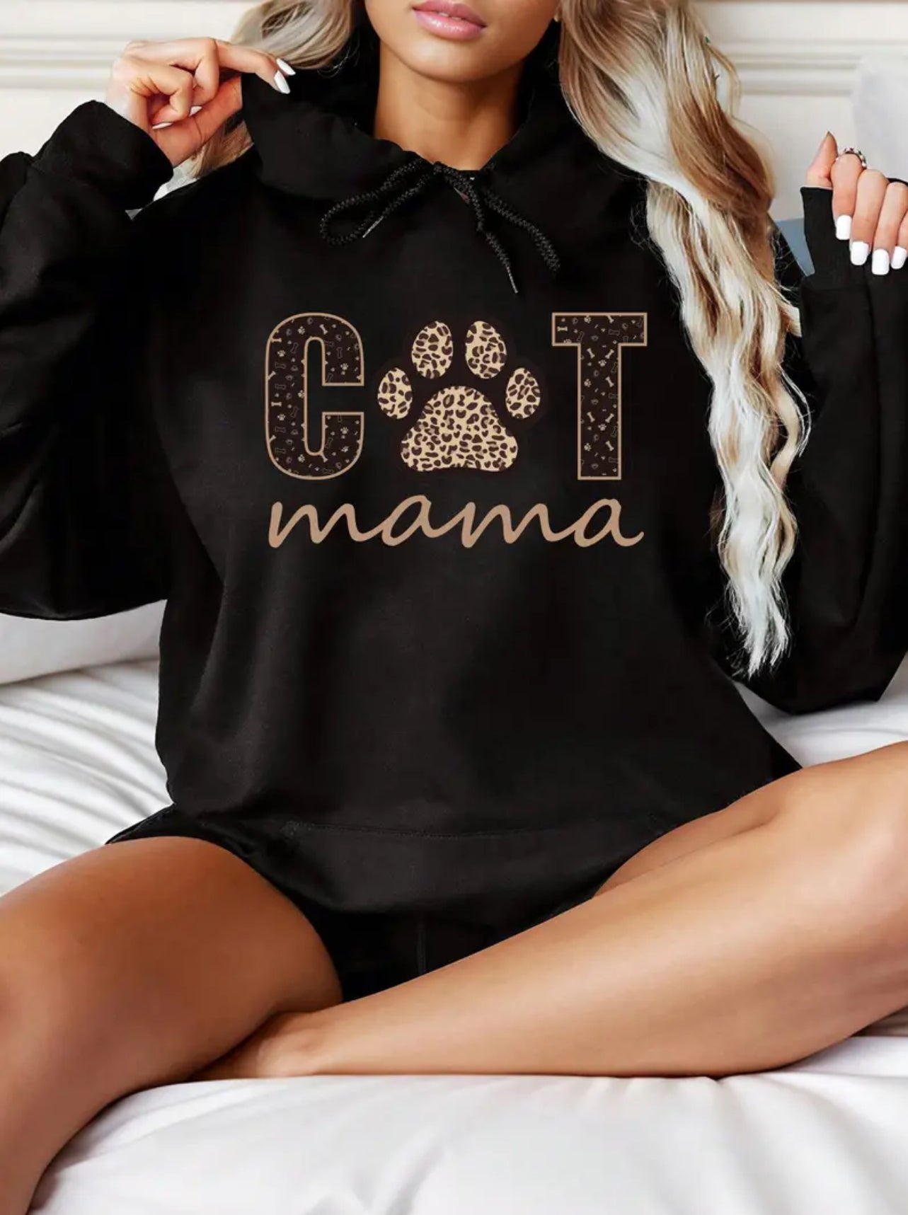 Leopard Cat Paw Mama Graphic Hoodie - Fashion Hoodies with Kangaroo Pocket, Drawstring