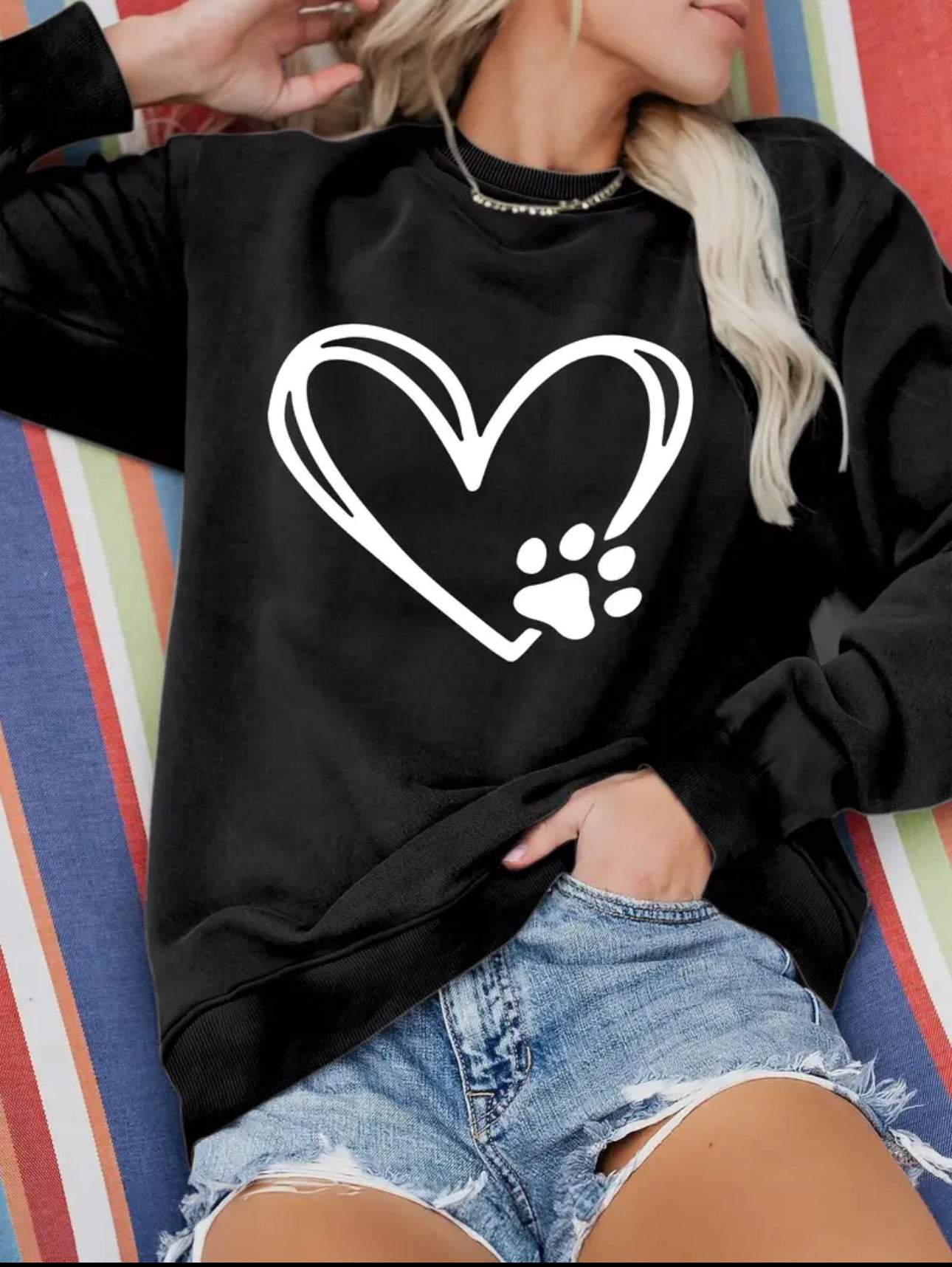 Paw Heart Print Sweatshirt, Casual, Long Sleeve, Women's