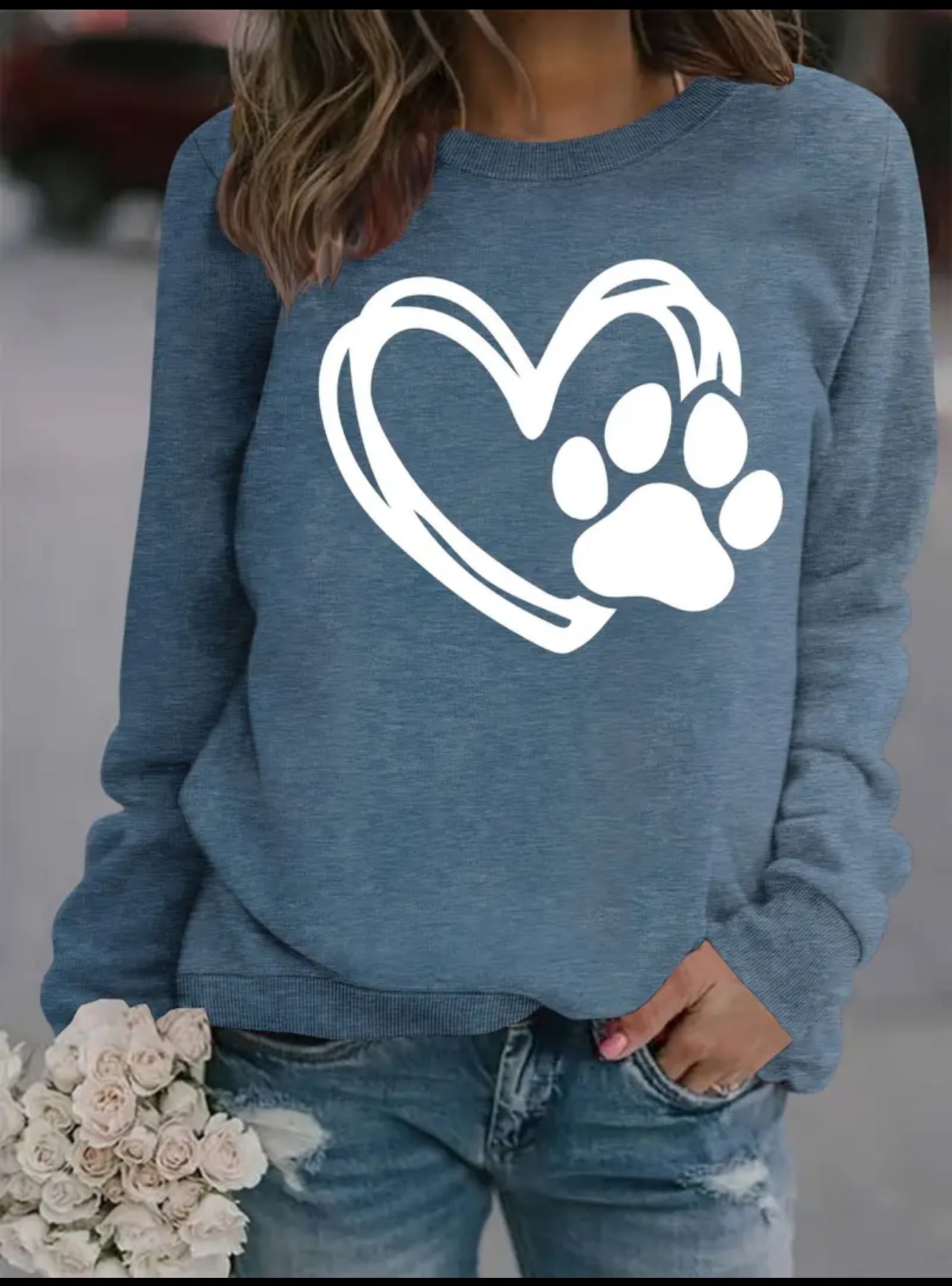 Paw Heart Print Sweatshirt, Casual, Long Sleeve, Women's