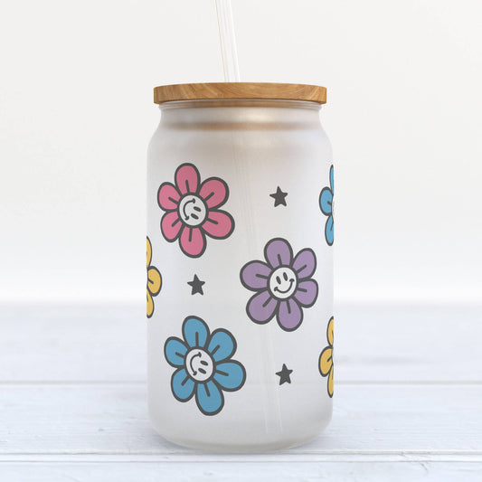 Retro Spring Daisy Frosted Glass Can Tumbler, Glass Cup