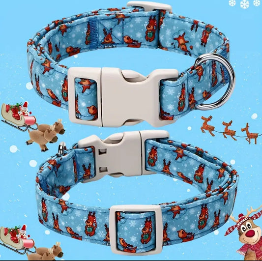 Adjustable Cotton Dog Collar with Christmas Reindeer Pattern