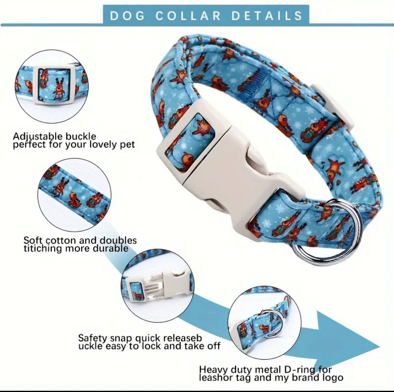 Adjustable Cotton Dog Collar with Christmas Reindeer Pattern